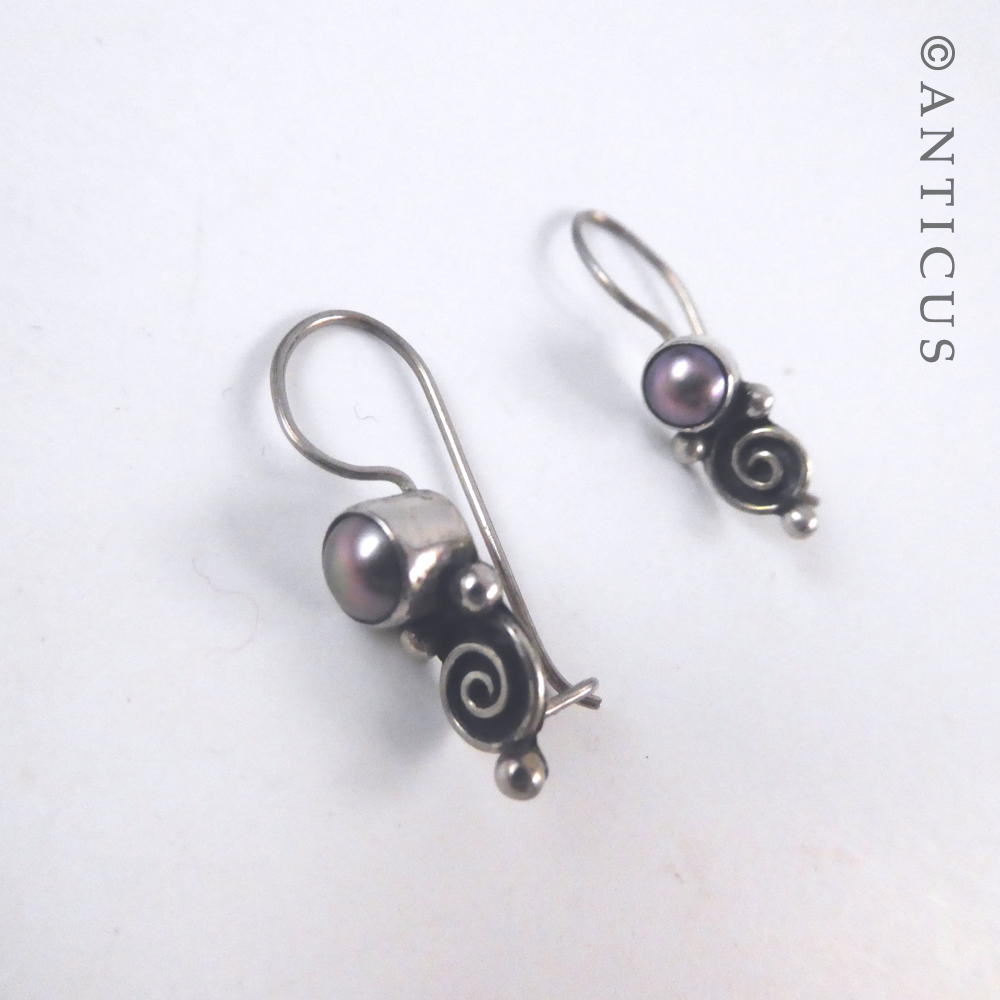 Sterling Silver and Pearl Koru Motif Earrings.
