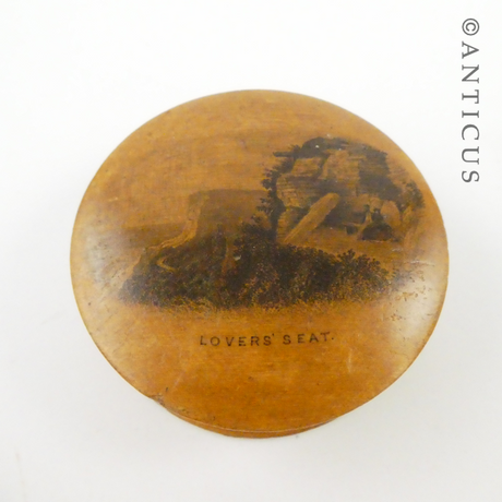 Mauchlineware Lidded Round Pot, Lovers Seat.