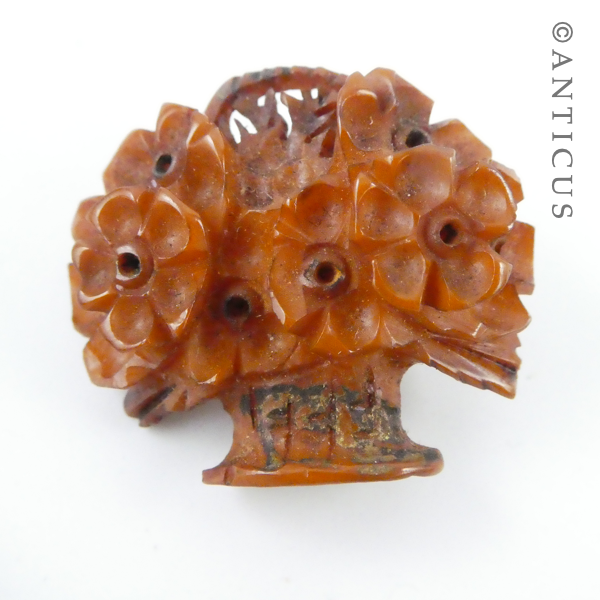 Antique Carved Brooch, Basket of Flowers.