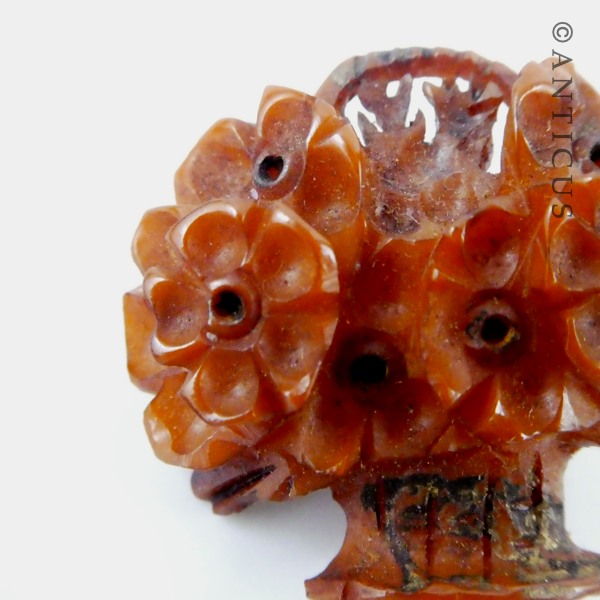 Antique Carved Brooch, Basket of Flowers.