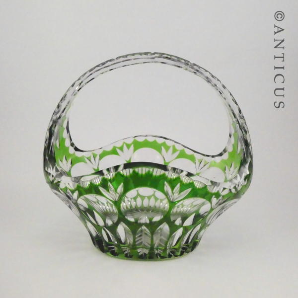 Green Overlaid Cut Glass Basket Vase.
