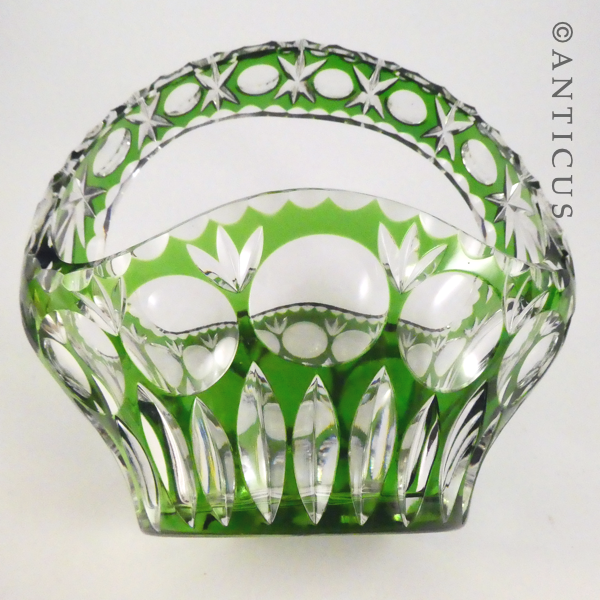 Green Overlaid Cut Glass Basket Vase.