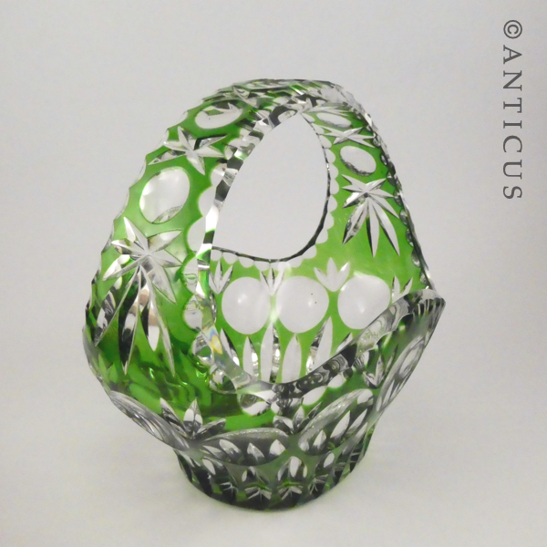 Green Overlaid Cut Glass Basket Vase.