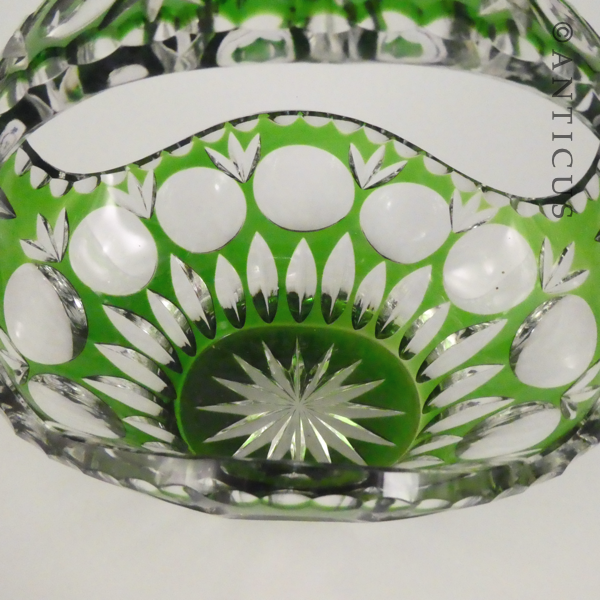 Green Overlaid Cut Glass Basket Vase.