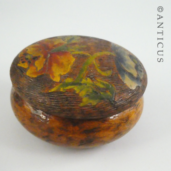 Small Round Poker-Work Box, Kiwiana.