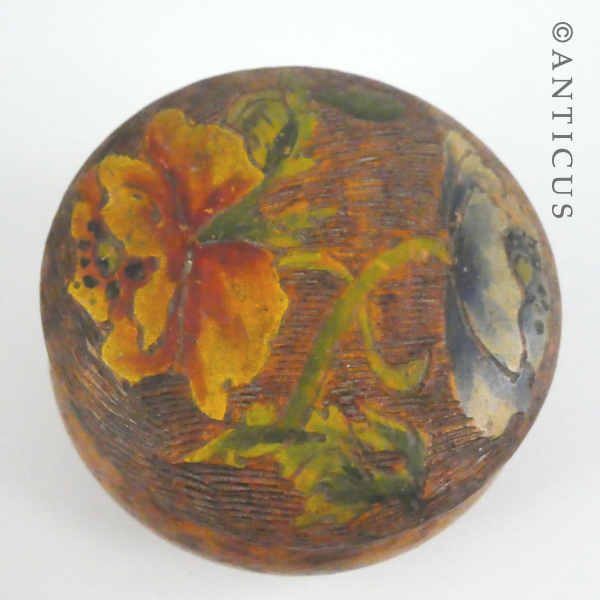 Small Round Poker-Work Box, Kiwiana.