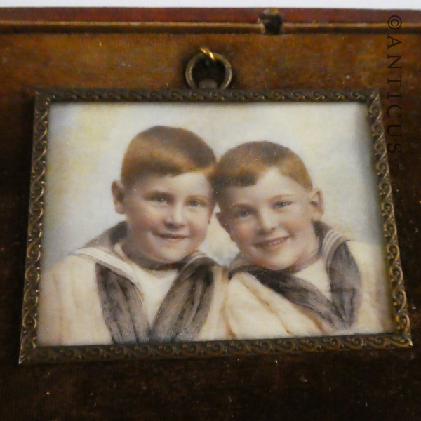 Edwardian Leather Framed Portrait of Two Boys.