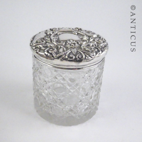 Large Silver-Topped Crystal Vanity Jar.