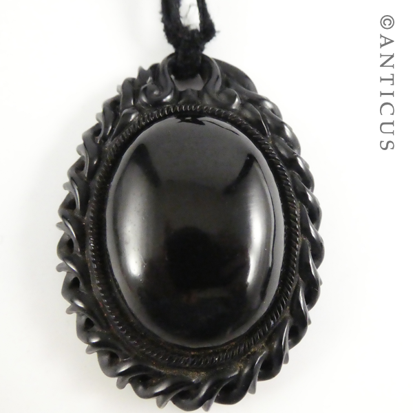 Large Victorian Jet Carved Locket, Hair Panel.