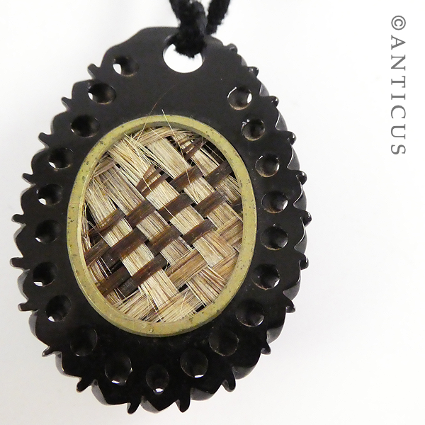 Large Victorian Jet Carved Locket, Hair Panel.