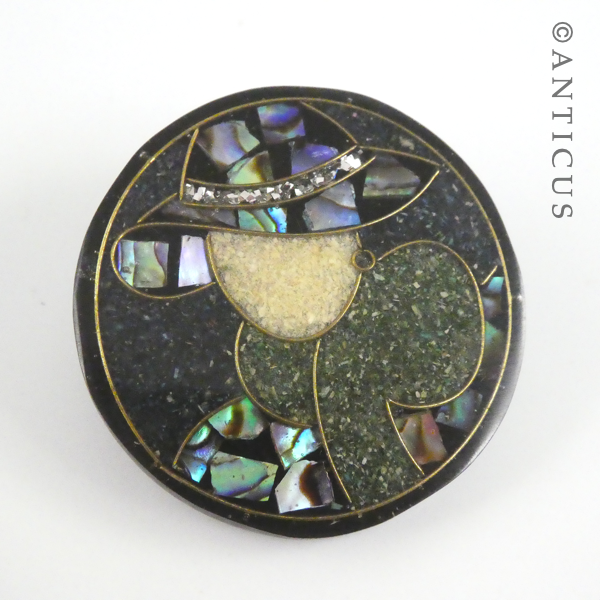 Brooch, Woman with Hat, Decorated with Paua Shell.