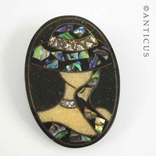 Brooch, Woman with Hat, Decorated with Paua Shell.