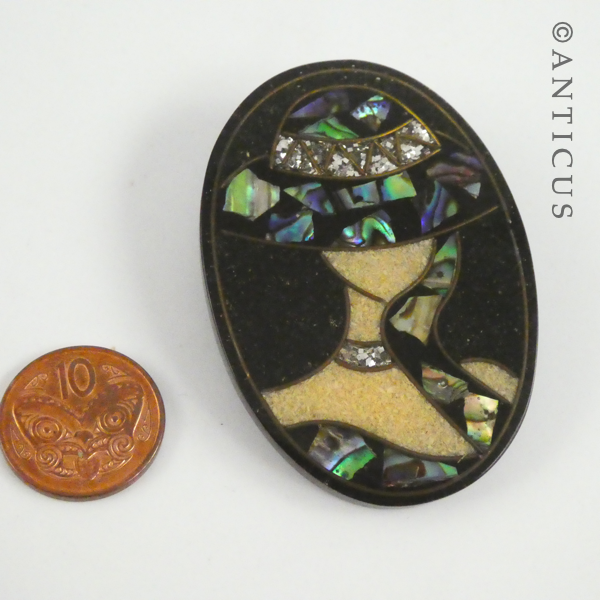 Brooch, Woman with Hat, Decorated with Paua Shell.