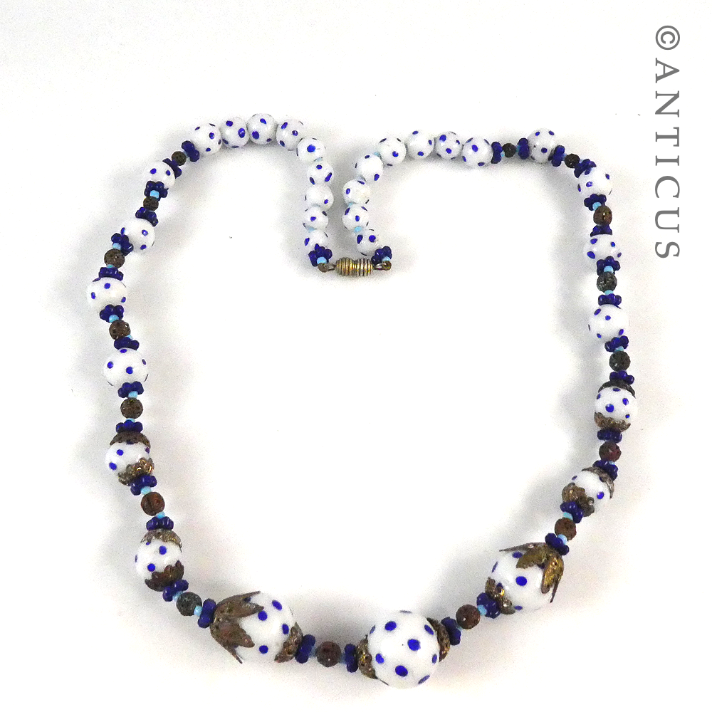 Necklace of Handmade Blue and White Glass Beads.