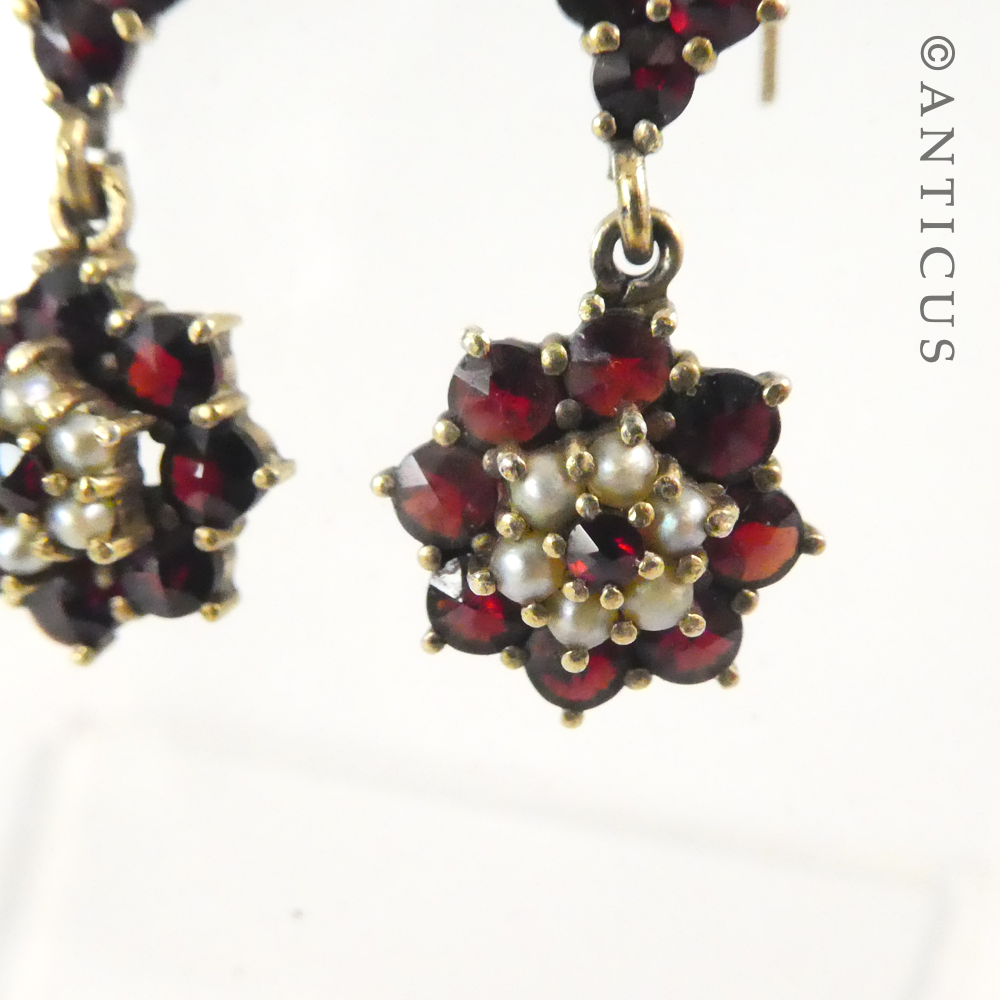 Pair of Garnet and Pearl Drop Earrings.