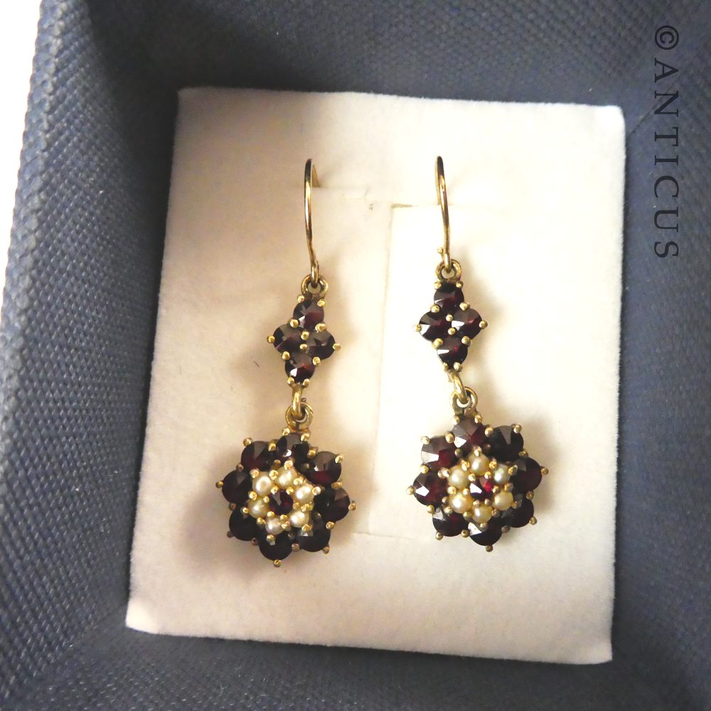 Pair of Garnet and Pearl Drop Earrings.