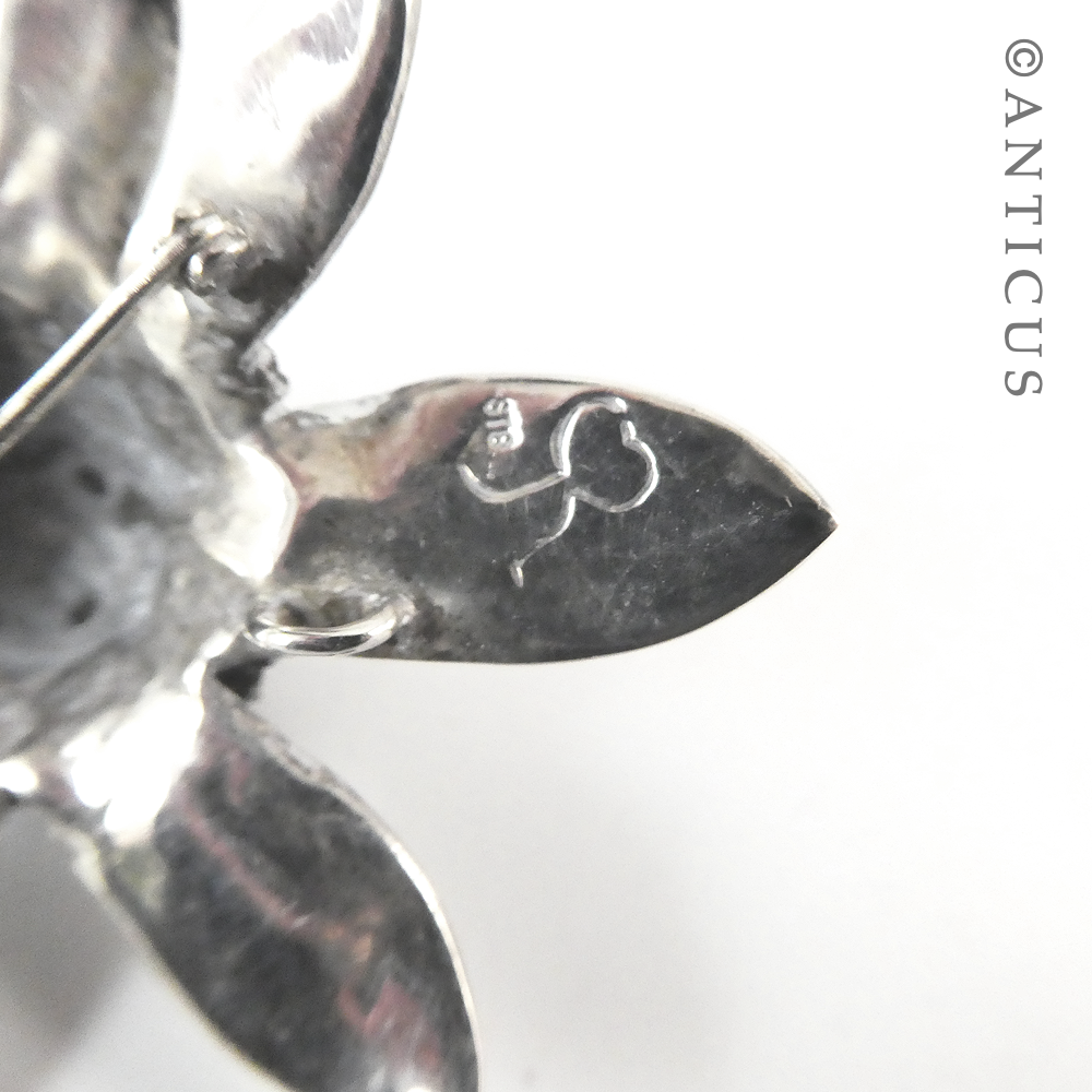 Modern Silver Flower Brooch, Signed.