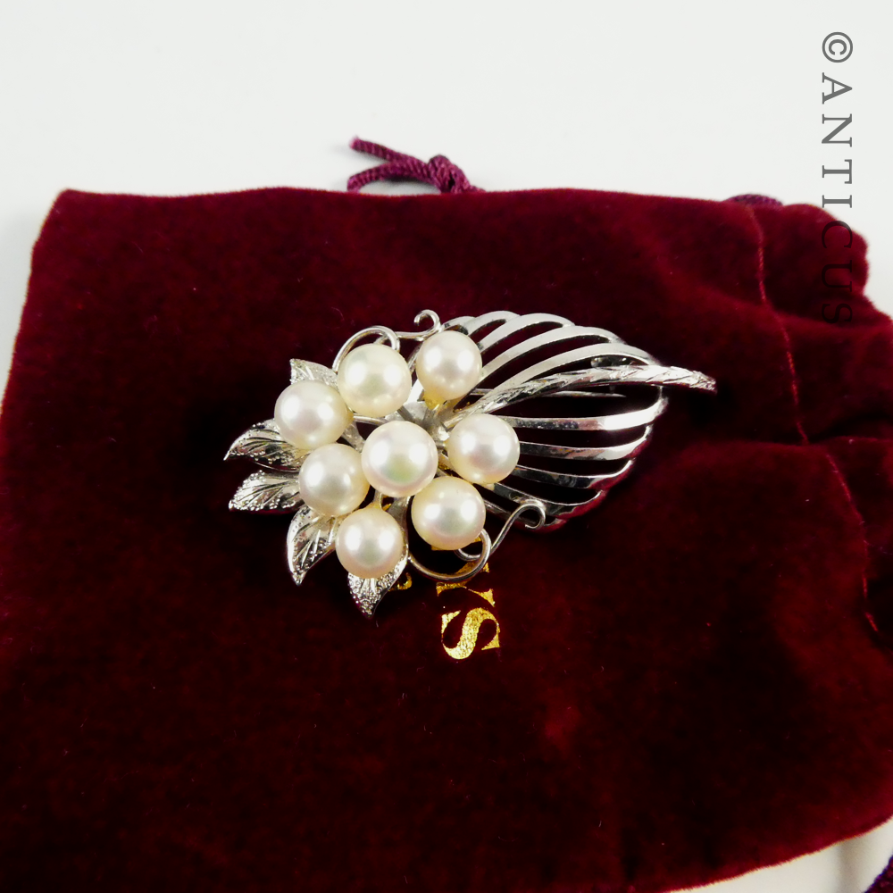 Silver and Cultured Pearl Floral Spray Brooch.