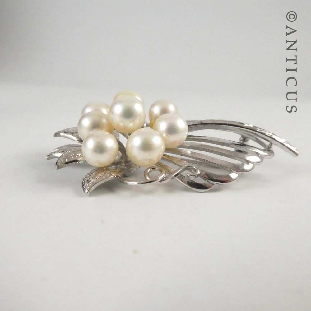 Silver and Cultured Pearl Floral Spray Brooch.