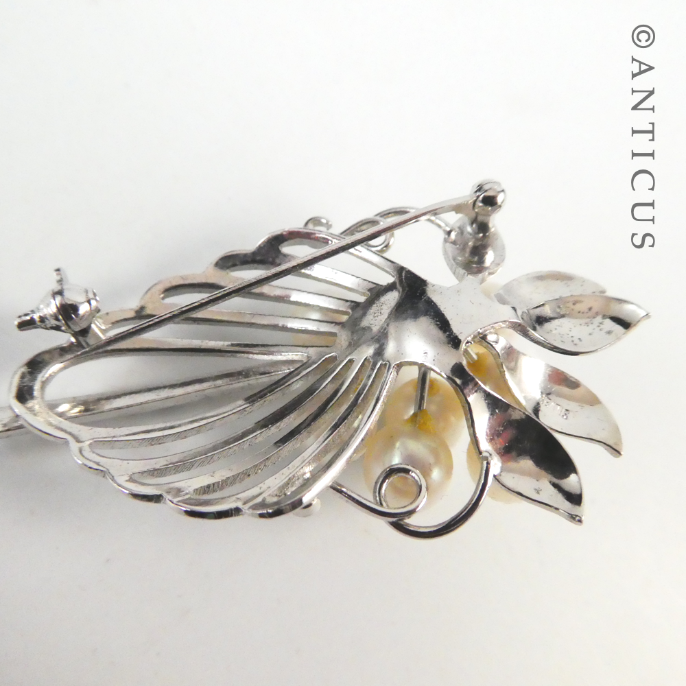 Silver and Cultured Pearl Floral Spray Brooch.