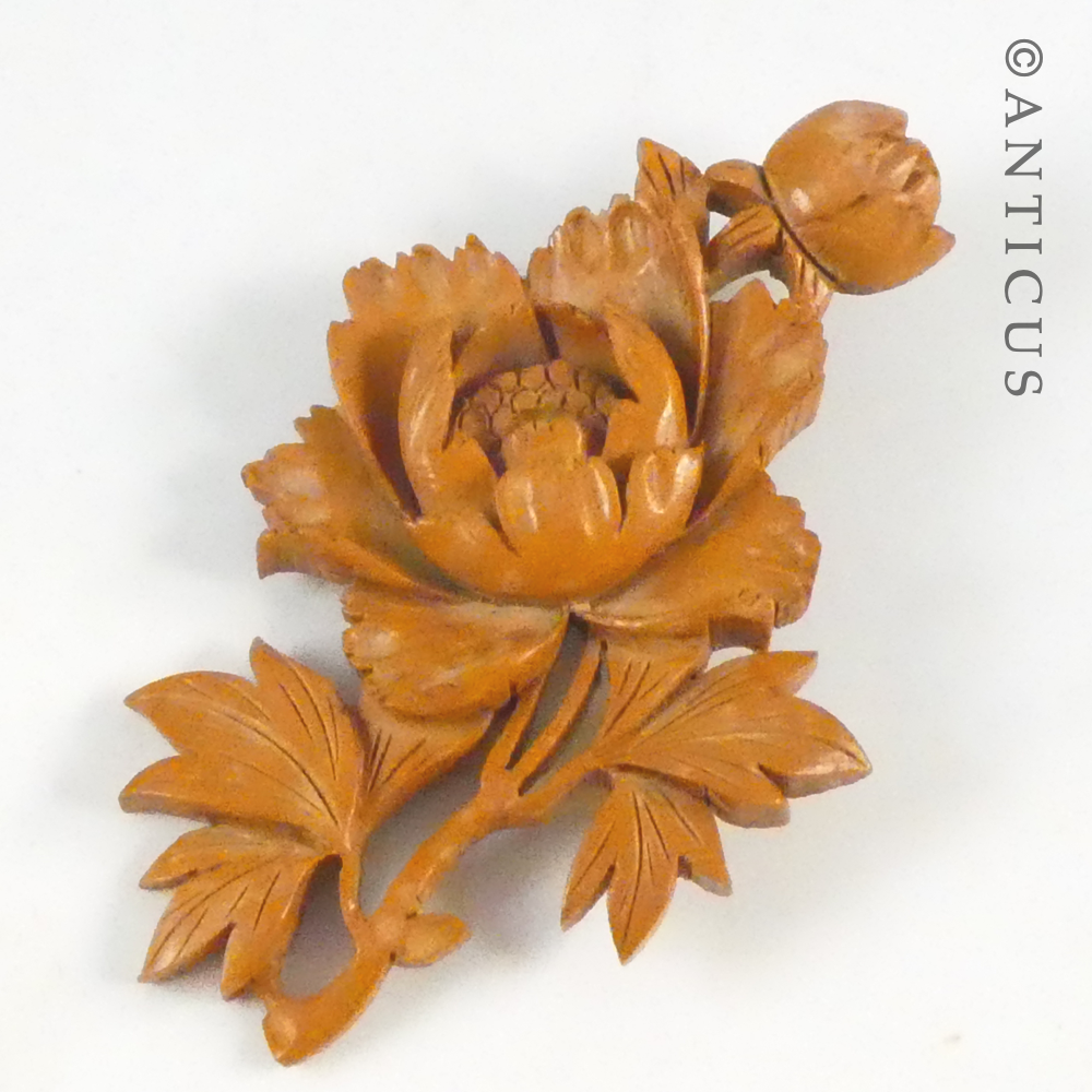 Japanese Vintage Flower Brooch, Carved Wood.