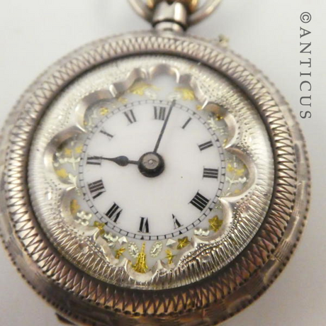 Small Silver Fob Watch with Decorated Dial.