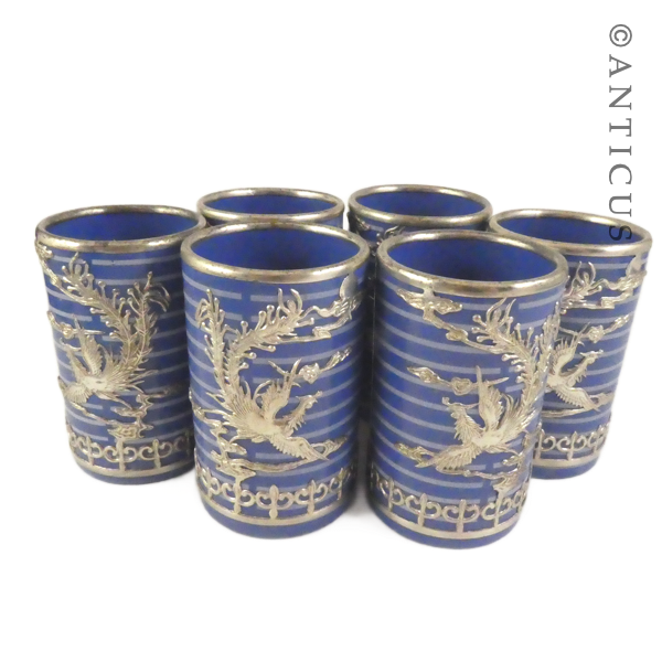 Six Ceramic Beakers, Silver Metal Overlay of Phoenixes