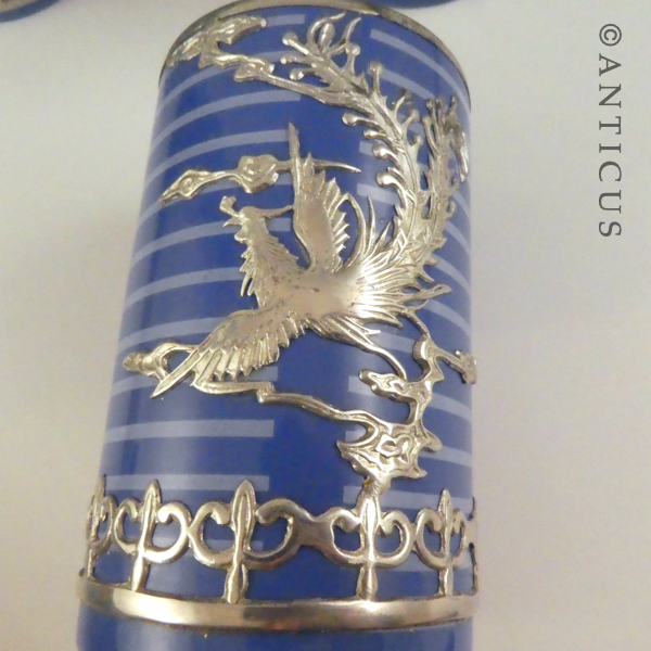 Six Ceramic Beakers, Silver Metal Overlay of Phoenixes