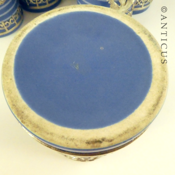 Six Ceramic Beakers, Silver Metal Overlay of Phoenixes