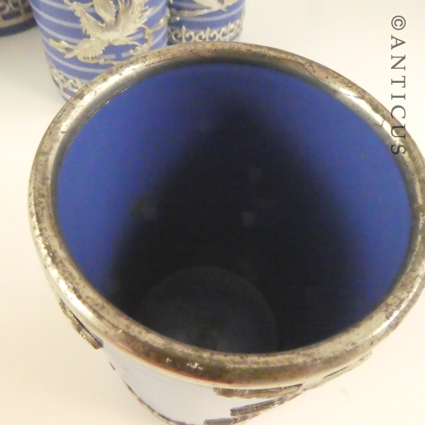 Six Ceramic Beakers, Silver Metal Overlay of Phoenixes