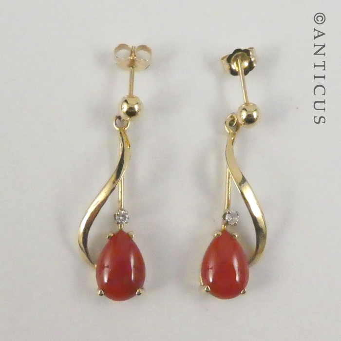 14ct Gold, Cornelian and Diamond Earrings.