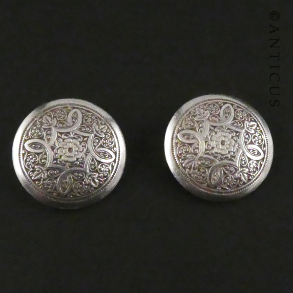 Round Silver Earrings, Clip-ons, Engraved Pattern.
