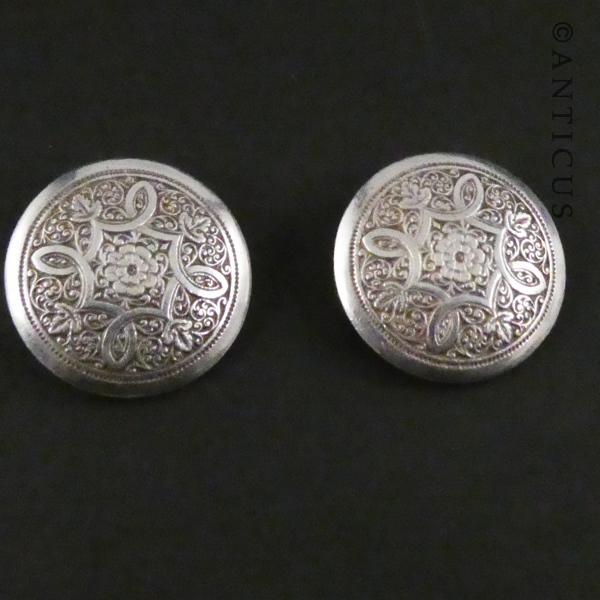 Round Silver Earrings, Clip-ons, Engraved Pattern.