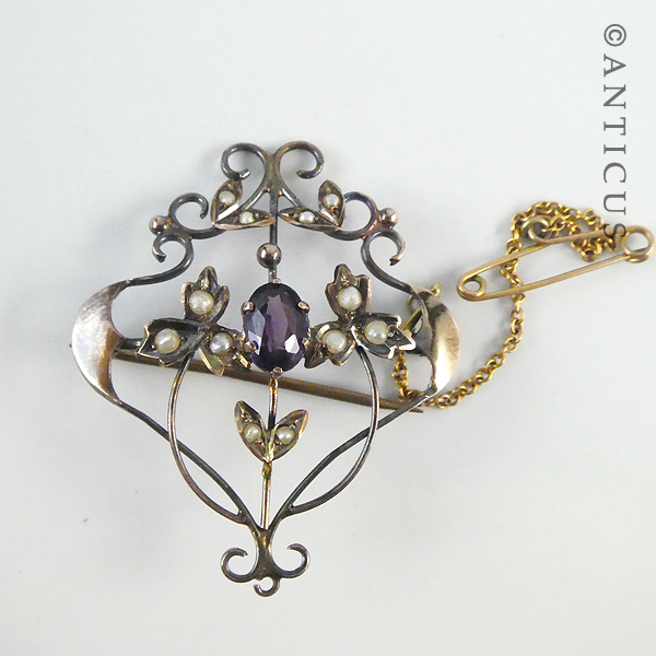 Art Nouveau Seed Pearl & Amethyst Brooch.