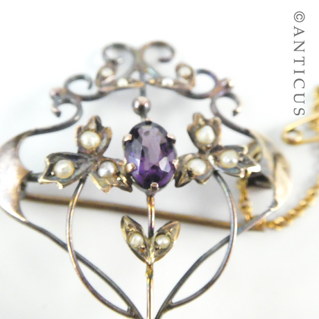 Art Nouveau Seed Pearl & Amethyst Brooch.