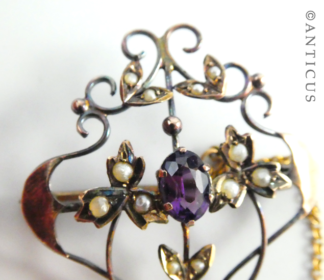 Art Nouveau Seed Pearl & Amethyst Brooch.
