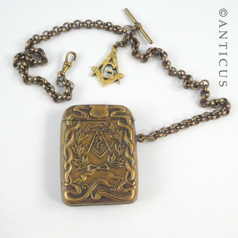 Large Brass Masonic Vesta Case and Chain.