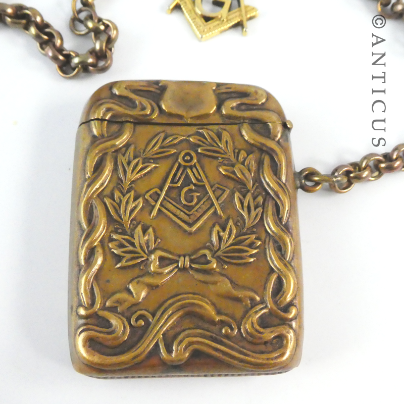 Large Brass Masonic Vesta Case and Chain.