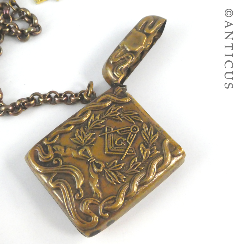 Large Brass Masonic Vesta Case and Chain.