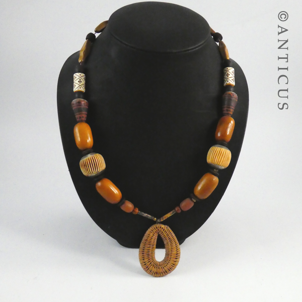 Ethnic-Style Wood, Ceramic and Carved Necklace.