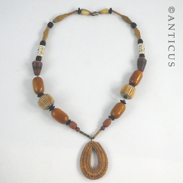 Ethnic-Style Wood, Ceramic and Carved Necklace.