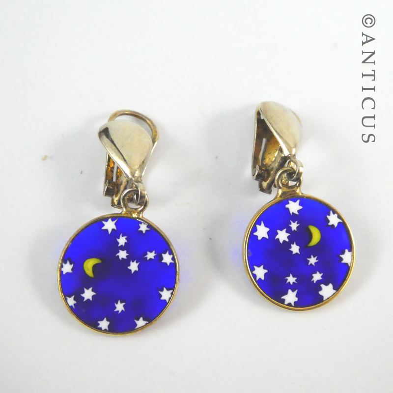 Clip Earrings with Glass Disc of Moon and Stars.