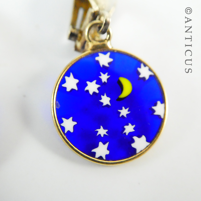 Clip Earrings with Glass Disc of Moon and Stars.