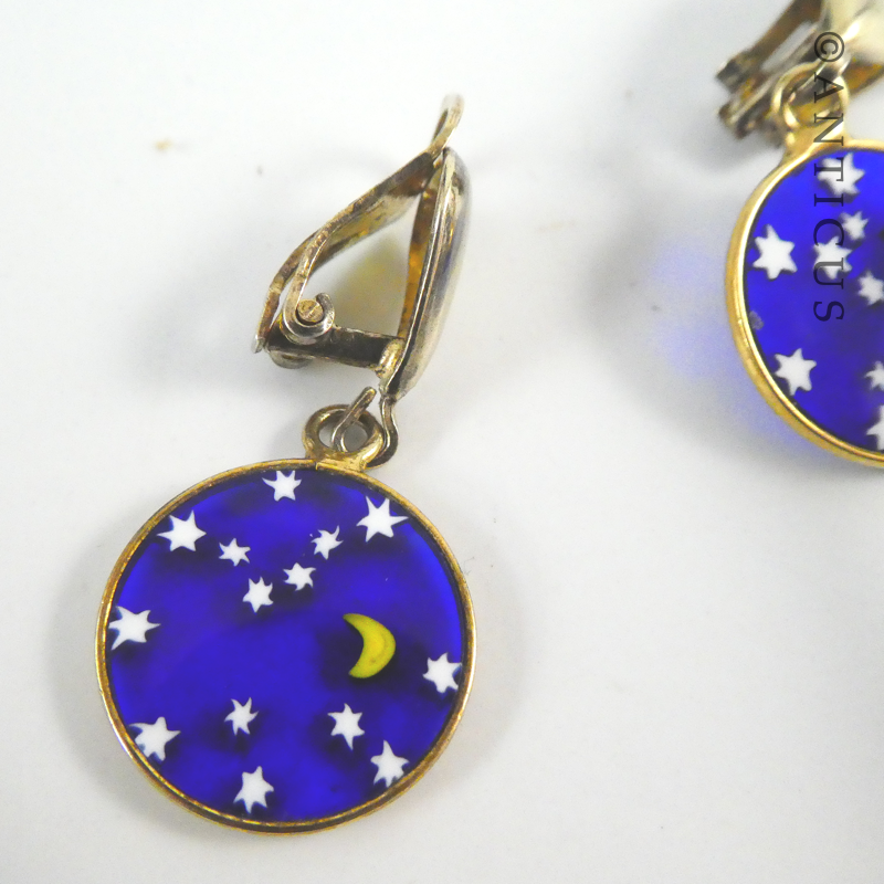 Clip Earrings with Glass Disc of Moon and Stars.