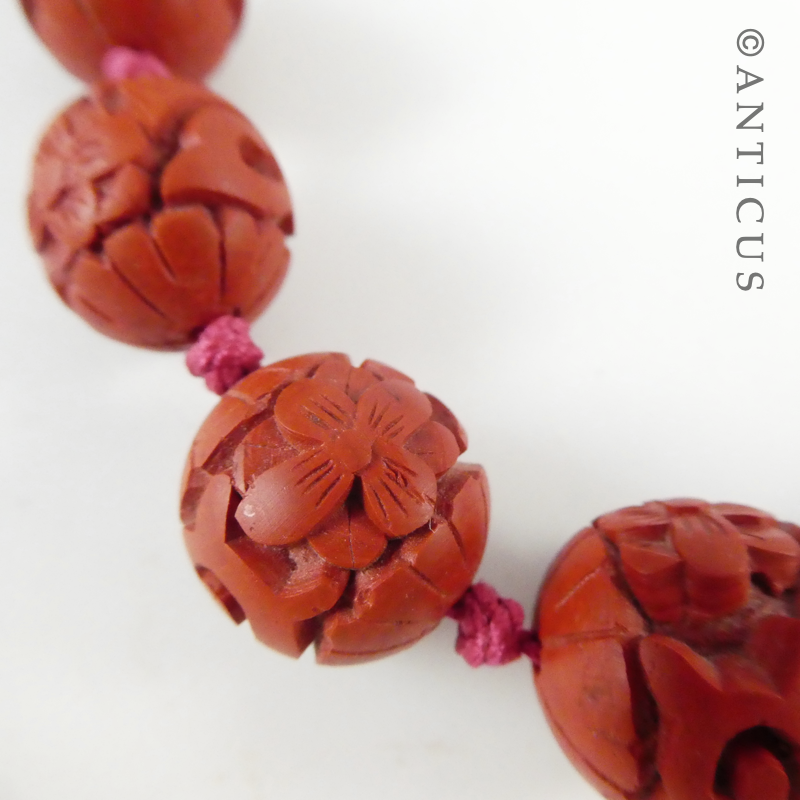 Vintage Chinese Carved Cinnabar Necklace.