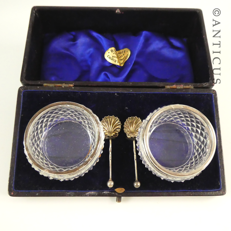 Pair of Salts and Spoons, Antique Crystal and Silver.