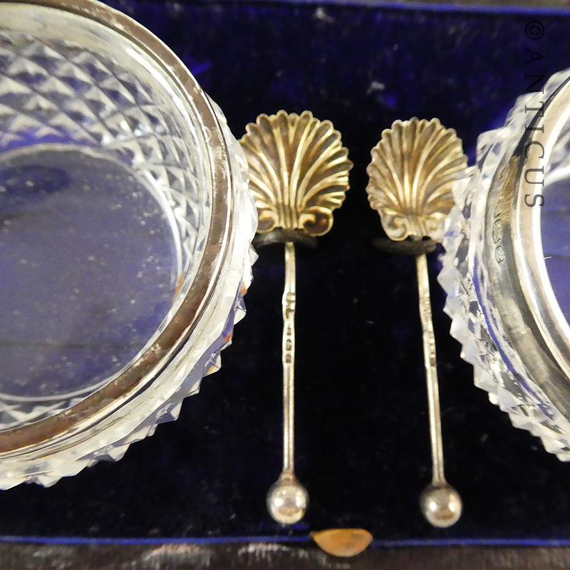 Pair of Salts and Spoons, Antique Crystal and Silver.