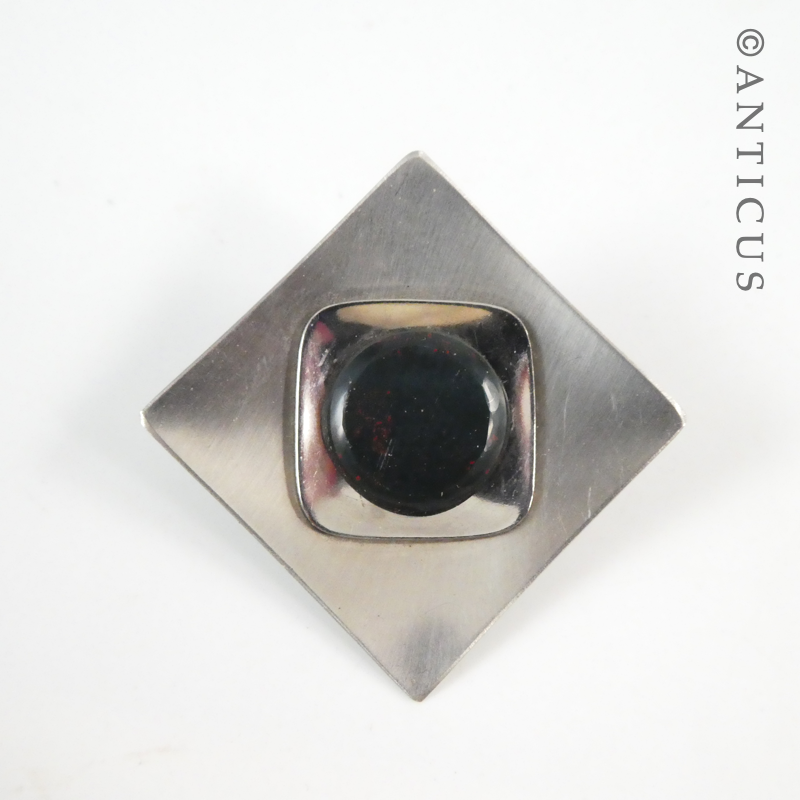 1960s Brushed Steel Brooch, Bloodstone Mounted.
