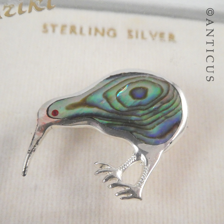 Vintage Silver and Paua Kiwi Brooch.