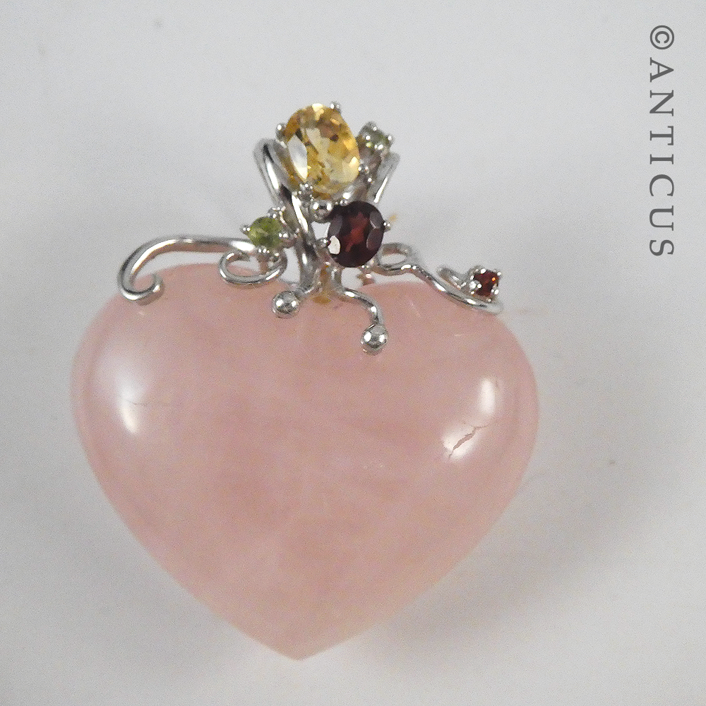 Rose Quartz Heart Pendant with Gem Stones.